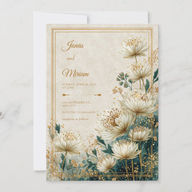 Convites Cream Gilded Astrantia Teal Watercolor Wedding (Frente)