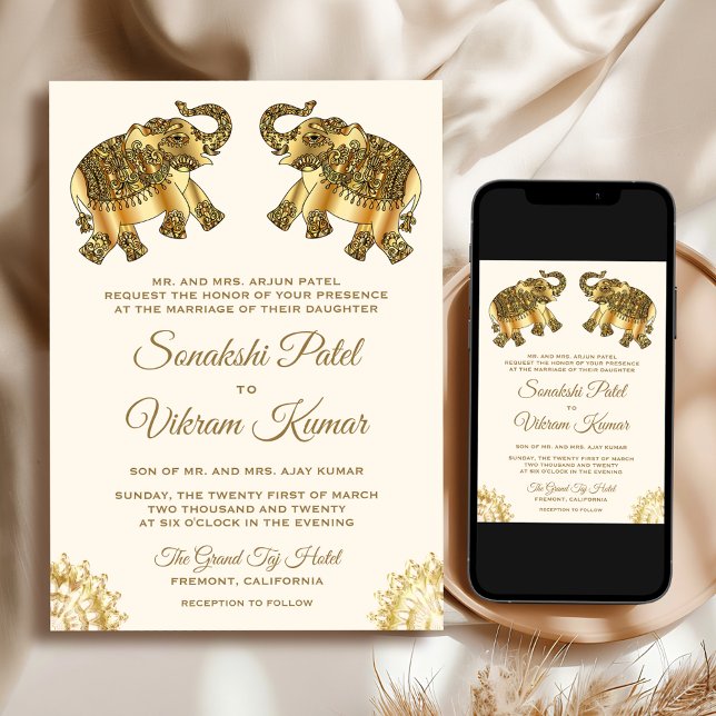 Convites Cream Gold Ethnic Elephants Indian Wedding (Criador carregado)