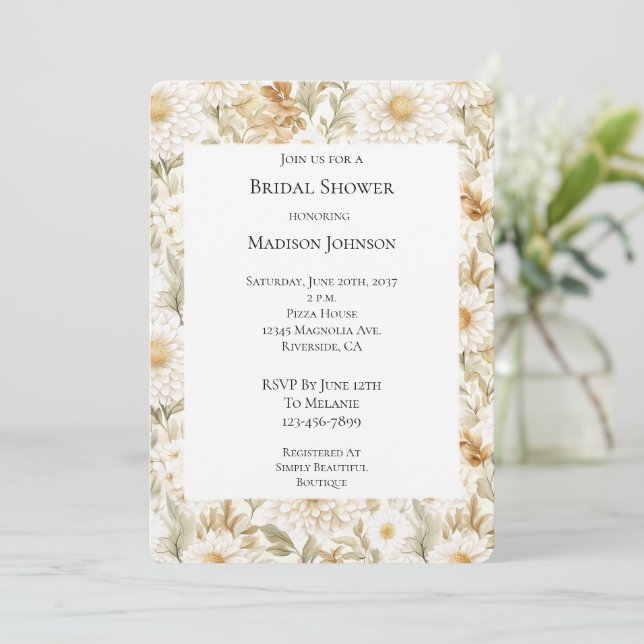 Convites Cream Gold White Country Flowers Bridal Shower (Em pé/Frente)