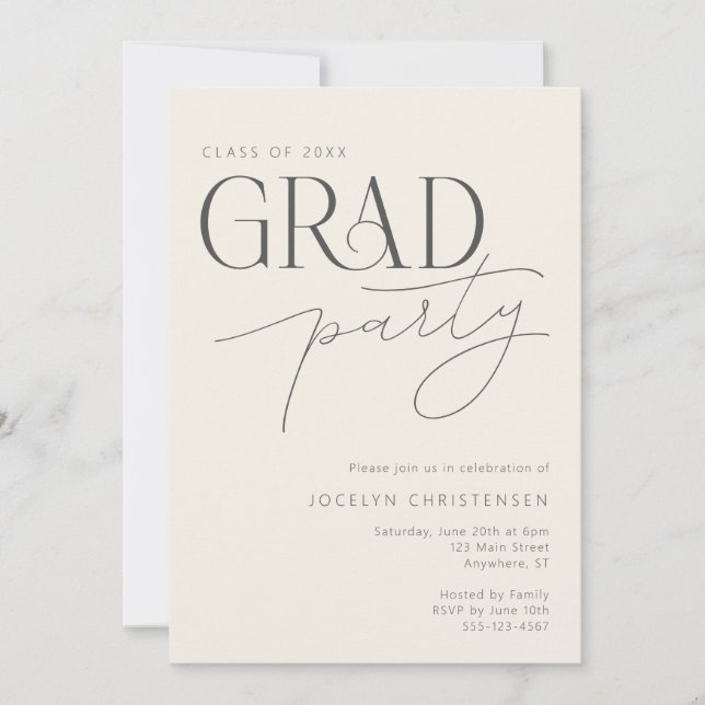Convites Cream Gray Modern Typography Grad Party Invitation (Frente)