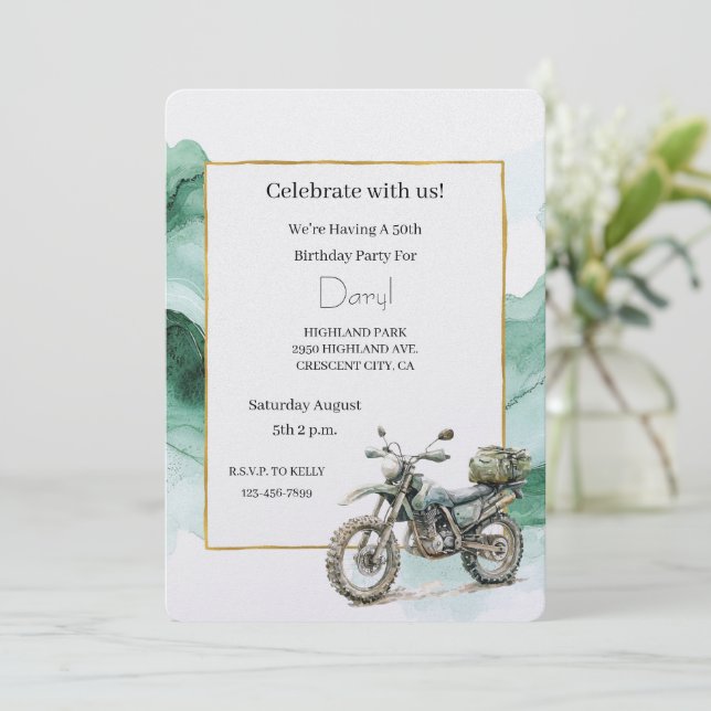 Convites Cream Green Motorcycle Adventure Birthday (Em pé/Frente)