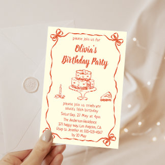 Convites Cream Hand-Drawn Cake & Ribbon Border Birthday 