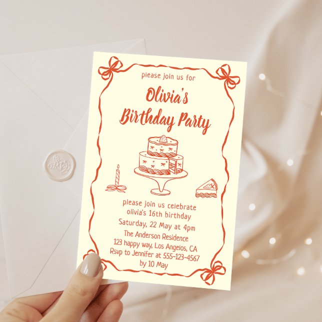 Convites Cream Hand-Drawn Cake & Ribbon Border Birthday  (Criador carregado)