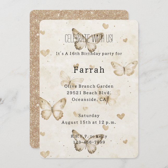 Convites Cream Hearts Butterflies Gold Glitter Birthday   (Frente/Verso)