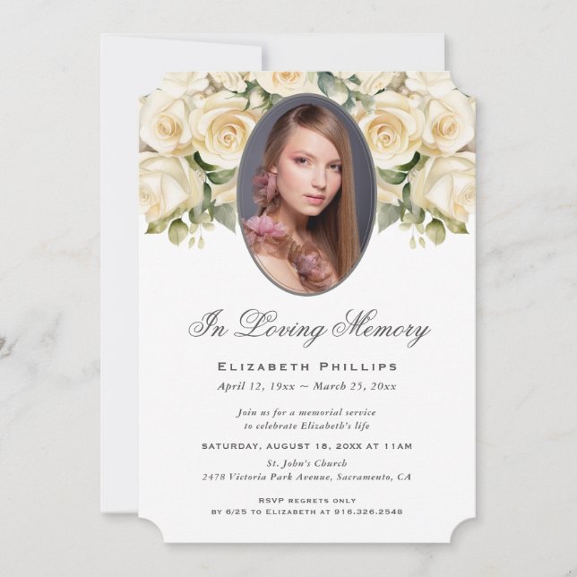 Convites Cream Ivory Rosa Photo Memorial In Loving Memory (Frente)