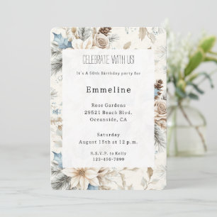 Convites Cream Poinsettia Blue Floral Birday