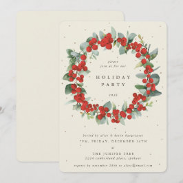 Convites Cream Red Berries+Eucalyptus Wreath Holiday Party