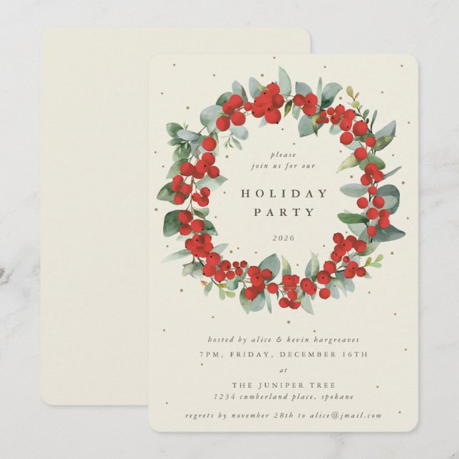 Convites Cream Red Berries+Eucalyptus Wreath Holiday Party (Frente/Verso)