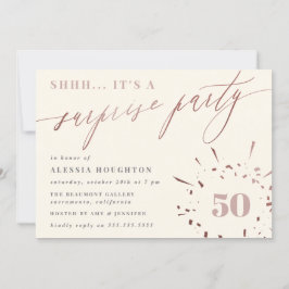 Convites Cream & Rosa Dourado Script Surprise Party