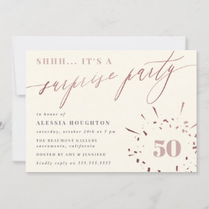 Convites Cream & Rosa Dourado Script Surprise Party