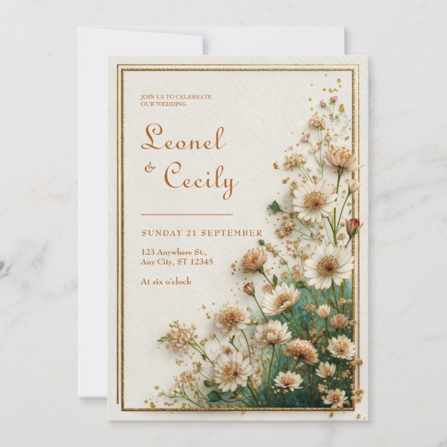 Convites Cream Textured Gold Astrantia Wedding (Frente)