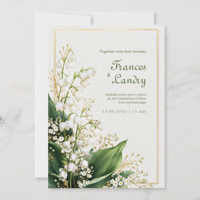 Convites Cream Textured Lily Valley Gold Frame Wedding (Frente)