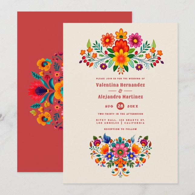 Convites Creamy Linen & Fiesta Red Folk Art Fiesta Wedding (Frente/Verso)