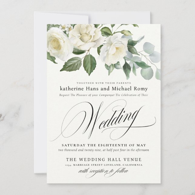 Convites CreamyFloral Eucalyptus Script Calligraphy Wedding (Frente)