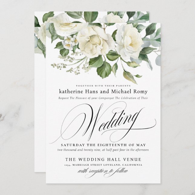 Convites CreamyFloral Eucalyptus Script Calligraphy Wedding (Frente/Verso)