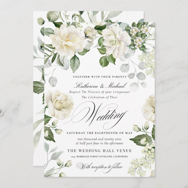 Convites CreamyFloral Eucalyptus Script Calligraphy Wedding (Frente/Verso)
