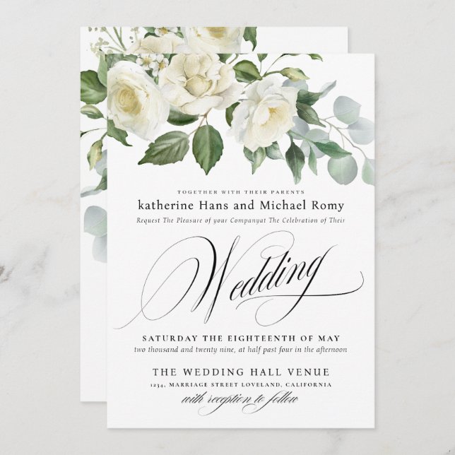 Convites CreamyFloral Eucalyptus Script Calligraphy Wedding (Frente/Verso)