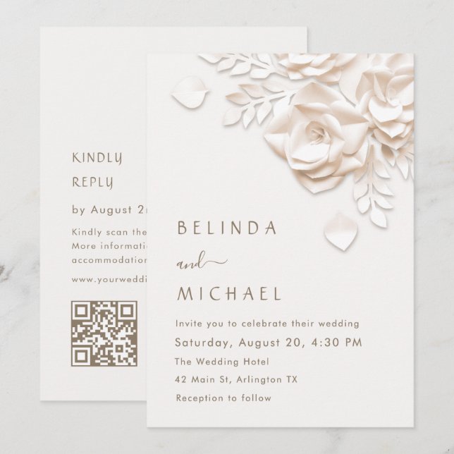 Convites Creme 3D Flores Rosas Casamento Simples (Frente/Verso)