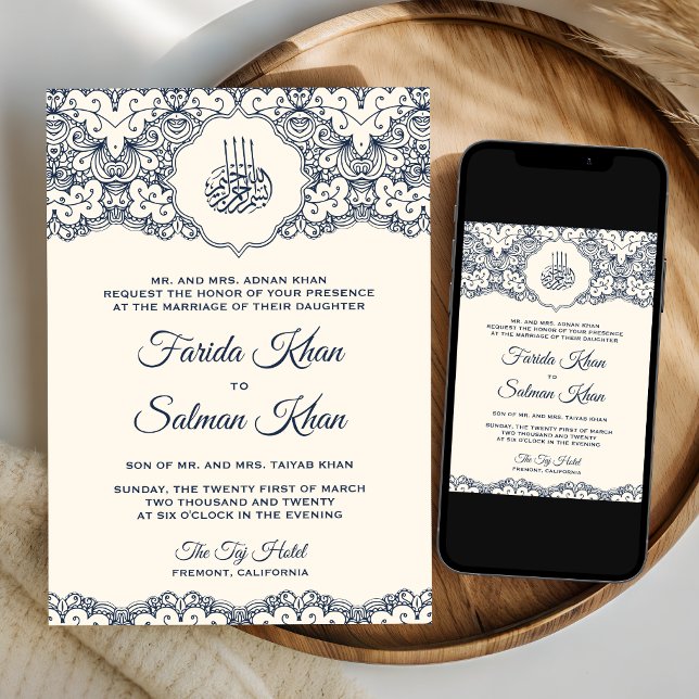 Convites Creme Azul Marinho Renda Casamento Islâmico Muçulm (Criador carregado)