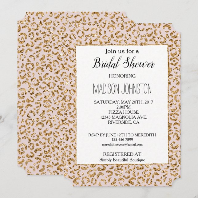 Convites Creme Blush Dourado, cor-de-rosa, Leopardo (Frente/Verso)