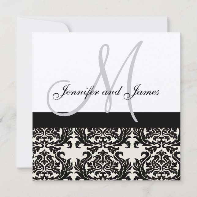 Convites Creme Casamento Monograma Black Damask (Frente)