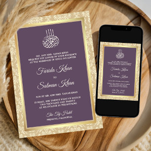 Convites Creme Damasco Roxo Empoeirado Casamento Islâmico M