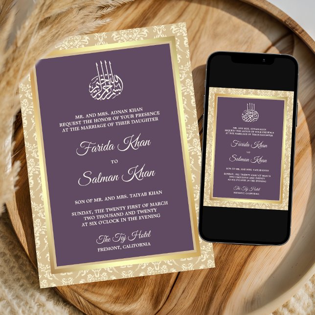 Convites Creme Damasco Roxo Empoeirado Casamento Islâmico M (Criador carregado)