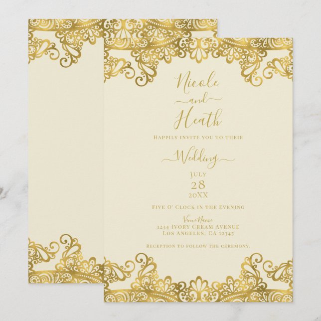Convites Creme de Marfim e Renda Dourada Casamento Elegante (Frente/Verso)