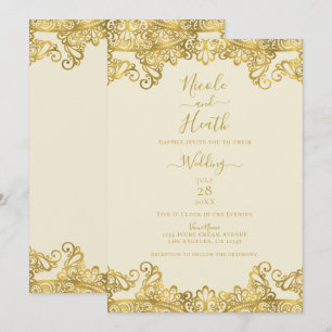 Convites Creme de Marfim e Renda Dourada Casamento Elegante