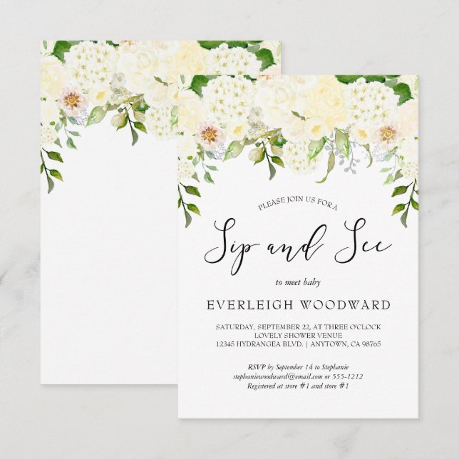 Convites Creme de Marfim Floral Verde Sip e Veja Bebê (Frente/Verso)