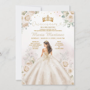 Convites Creme de Marfim Princesa vestida Dourada Quinceañe
