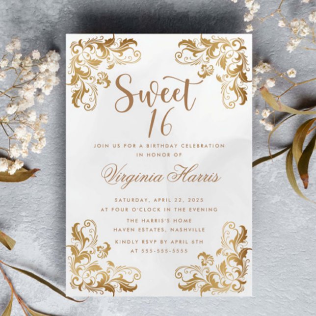 Convites Creme do Canto do Ornamentado Dourado Doce Dezesse (Criador carregado)