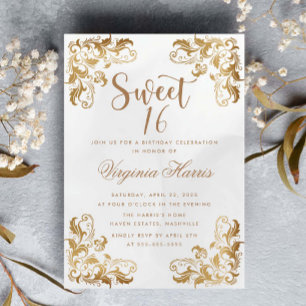 Convites Creme do Canto do Ornamentado Dourado Doce Dezesse