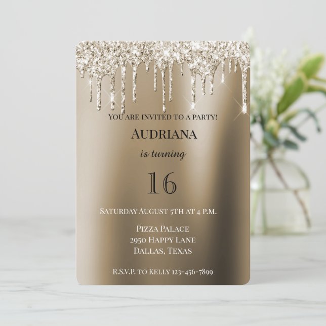 Convites Creme Dourado Glitz Glitter Sorvete Drives Anivers (Em pé/Frente)