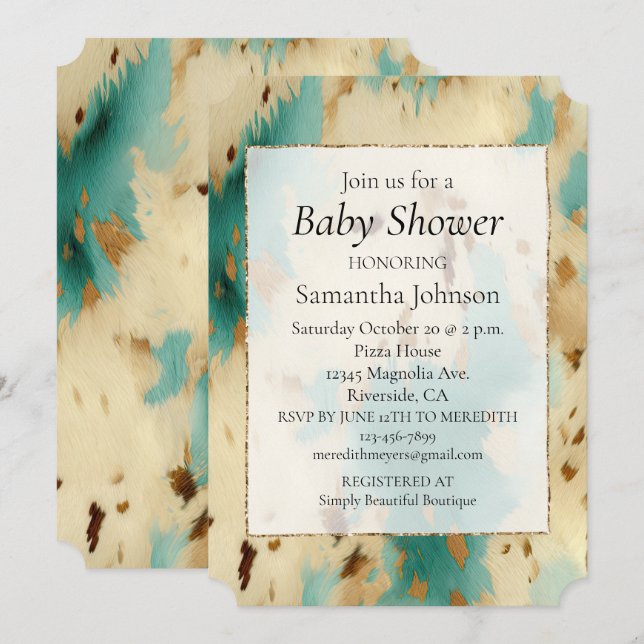 Convites Creme Dourado Turquoise Cowhide Animal (Frente/Verso)