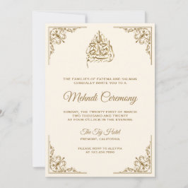 Convites Creme e Dourada Cerimônia Muçulmana Islâmica Mehnd