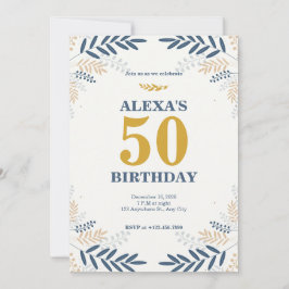 Convites Creme e Dourada Floral 50ª Festa de aniversário