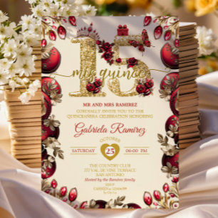 Convites Creme e Dourado Vermelho Mis Quince 15 Quinceañera