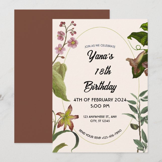 Convites Creme e Floral Verde 18º Aniversário (Frente/Verso)