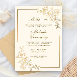 Convites Creme e Folhas Florais Douradas Branch Muslim Mehn