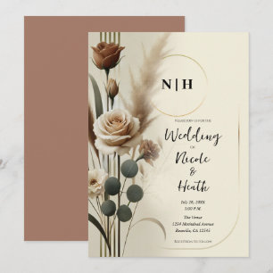 Convites Creme e Mocha Neutro Geométrico Floral Casamento
