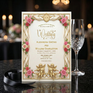 Convites Creme E Rosa Choque Romântico Floral Casamento