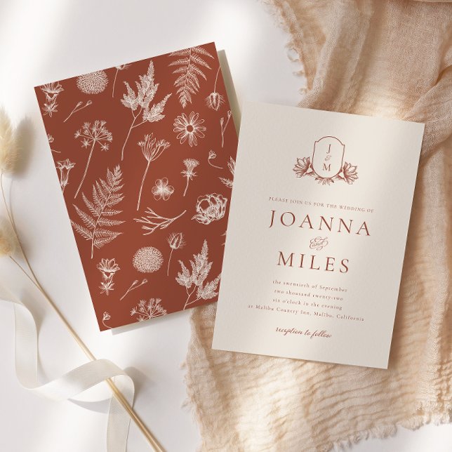 Convites Creme e Terracotta Floral Monogramas Crest (Criador carregado)