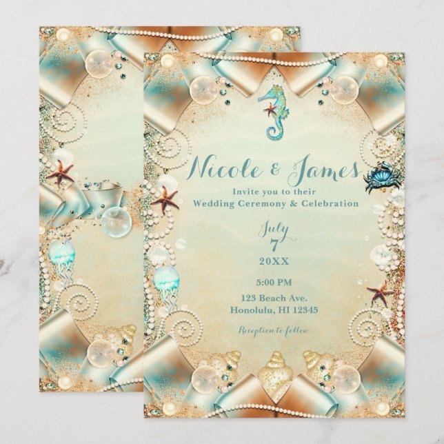 Convites Creme Encantado Sob Casamento De Fita De Pérolas M (Frente/Verso)