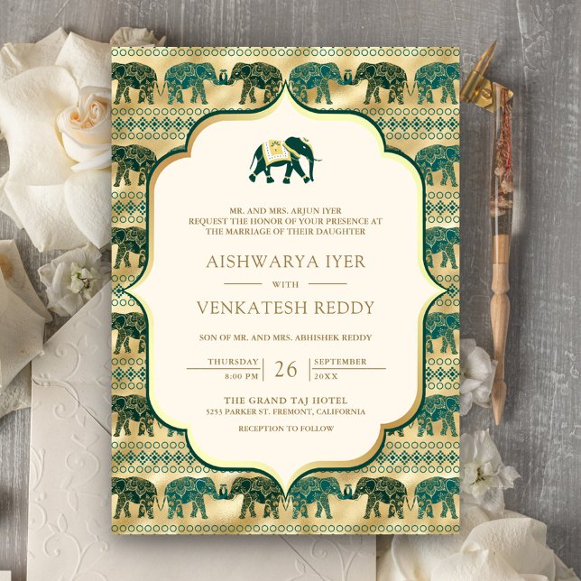 Convites Creme Esmeralda Elefante Tudo em Um Casamento Indi (Criador carregado)