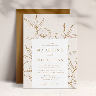 Convites Creme Floral Botânico Moderno e Casamento Dourado