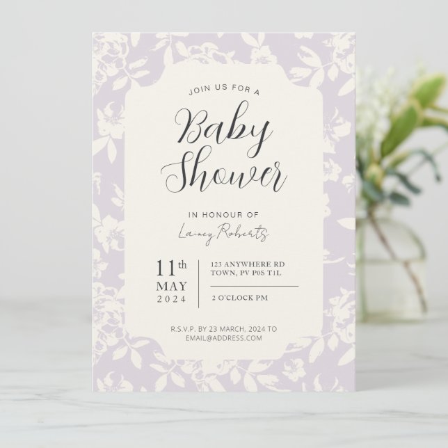 Convites Creme Floral de Rosa de Algodão e Lavanda Roxo (Em pé/Frente)