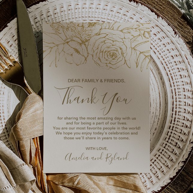 Convites Creme Floral Dourado Boho Obrigado Mesa (Gilded Floral Cream Gold Boho Thank You Table Card)