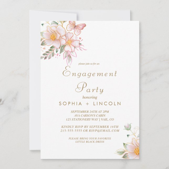 Convites Creme Floral Dourado e Festa de noivado Dourada (Frente)