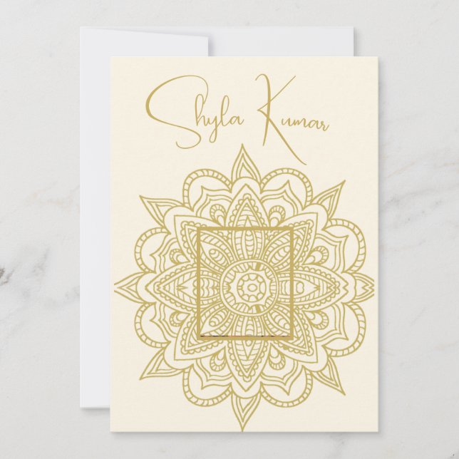 Convites Creme Indiano de Cerimônia de Half Saree Dourado (Frente)